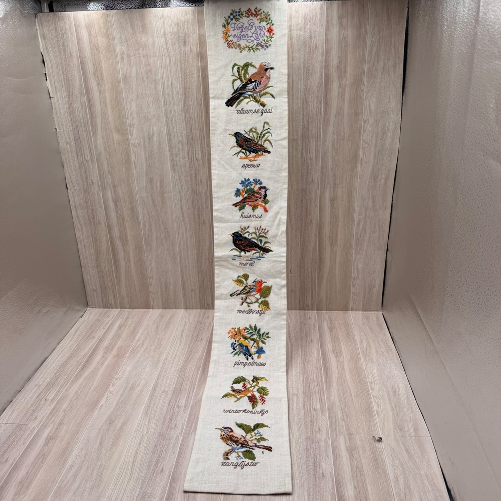 Handmade Cross Stitch Bird Wall Hanging Cream XL Dutch Folk Art Excellent